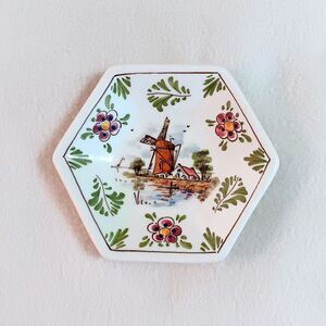 D.P. Delft Pottery Holland small plate trinket dish hexagonal 5" windmill signed